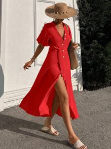 EURMUSE Ruffle Sleeve Crew-Neck Buttoned Maxi Dress With Shell Belt - Orange - View 4