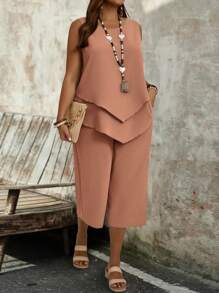 EMERY ROSE 大码女式简约绿色无袖上衣和七分裤两件套 - 珊瑚粉 - 查看 4