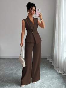 Elenzga Trang phục dự tiệc trà chiều thanh lịch cho nữ khi đi làm, áo khoác blazer không tay có cổ, viền bất đối xứng, khóa thắt lưng kim loại, kết hợp với quần cạp chun, bộ vest 2 món, xuân/hè - màu nâu - Xem 4