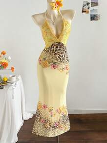 Soleia 度假蕾丝拼布豹纹花卉印花黄色露背鱼尾超长紧身连衣裙