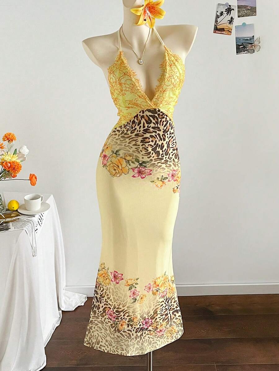 Soleia 度假蕾丝拼布豹纹花卉印花黄色露背鱼尾超长紧身连衣裙