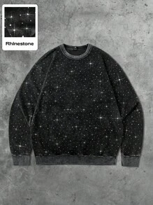 ROMWE MEN Street Life Unisex Rhinestone Effect American Street Style Crew Neck Pullover Sweatshirt - Black - View 6