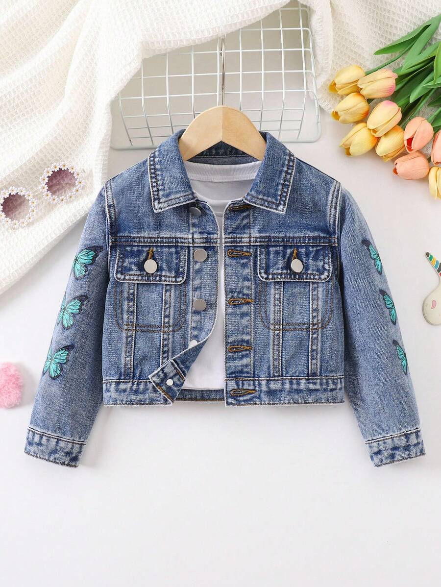 Young Girls Denim Jacket And Coat, Girls Casual Fashion Sweet All Season Arm Print Blue Butterfly Pattern Utility Denim Long Sleeve Blue Jacket, Casual & Sporty - Blue - View 1