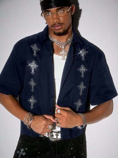 ROMWE Avant Men's Street Punk Button-Down Cross With Rhinestone Decor Short Sleeve Shirt