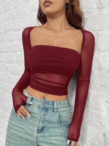 SHEIN EZwear Camiseta ajustada de malla burdeos transparente y sexy para mujer, top de malla burdeos transparente, top corto transparente, tops de otoño