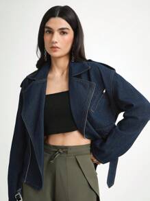 Daynim 女士休闲度假长袖牛仔夹克 - 深色水洗藍 - 查看 5