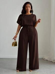 Slaydiva Bộ đồ nữ cỡ lớn mùa Xuân/Hè mới gồm 2 món - Áo croptop tay raglan rộng màu xanh lá cây có dây rút ở gấu áo và quần ống rộng có túi. - màu nâu - Xem 3