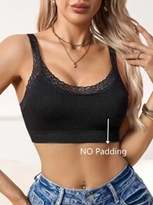 SHEIN Elegant Black Lace Backless Bralette For Women With Knitted Fabric And Comfortable Fit Lace Bralette Bralettes For Women Lace Bra Top Bralette Top Lace Trim Bralette - Black - View 4