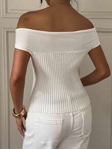 SHEIN EZwear Women's Off Shoulder Metal Buckle Ribbed Fitted Knit Top
