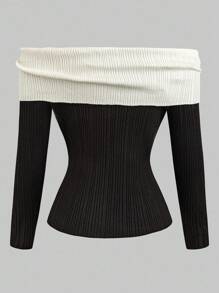 Velvienne Suéter elegante de hombros descubiertos con bloques de color para tallas grandes