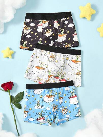 LE PETIT PRINCE X SHEIN 3pcs/Pack Young Boy Black & Blue Cartoon Pattern Cute Boxer Briefs, Boys Cartoon Boxers,Basic Comfortable Casual ,Soft