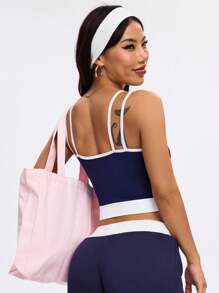 SHEIN Sovereign Charm Débardeur de sport pour femmes avec design de bretelles bicolores - Bleu marine - Voir 2