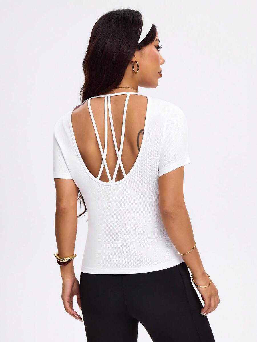 SHEIN Sports Áo thun thể thao tay ngắn hở lưng màu trơn tối giản - trắng - Xem 1