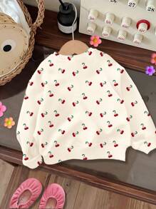 SHEIN Happikins Baby Girl Cream White, Cute Sweet Mini Cherry Pattern, Casual Loose Fit Crew Neck Soft Knit Pullover Sweatshirt, Suitable For Autumn/Winter, Summer For Easy Comfort, Autumn Layers For, Stylish, Casual Wear, Graphic, Back To School, Fall, Homecoming Cherry Cherry Top Cherry Shirt Long Sleeve Top Girl
