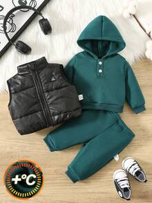 SHEIN 新生男婴/女婴三件套：连帽长袖半拉链套头衫、带袖口的裤子和无袖背心男婴冬季套装 - 彩色 - 查看 6