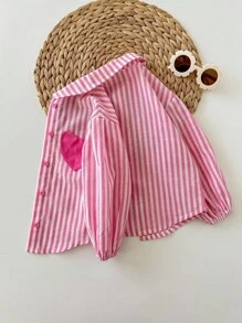 Baby Girl Cute Casual Versatile Pink & White Striped Heart Long Sleeve Shirt Baby Girl Striped Shirt Toddler Girl Long Sleeve Shirt Baby Girl Button Up Shirt Toddler Striped Long Sleeve Shirt Baby Girl Heart Shirt Fall Winter