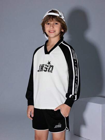 JNSQ Back To School Boys Casual Sports Long Sleeve Hoodie & Shorts Set, Kids V-Neck Loose Funny Letter Print Sweatshirt With Vest Dress Outfit Set, Autumn