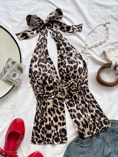 Soleia Sexy Leopard Print V-Neck Metal Buckle Halter Backless Tie Strap Women's Camisole, Suitable For Party, Christmas, Date, Nightclub, Beach, Cruise, Afternoon Tea, Bohemian, Boho, Romantic Floral, Vacation Leopard Print Top Leopard Print Halter Top Cheetah Print Top Animal Print Halter Top Leopard Print Tie Top