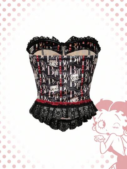 Betty Boop | ROMWE Y2K Letter Graphic Lace Up Contrast Lace Tube Top