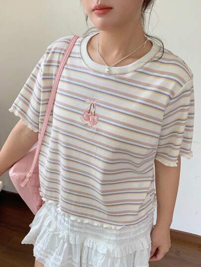 Dazy Plus Cherry Embroidery Striped Crew Neck Fitted Summer T-Shirt