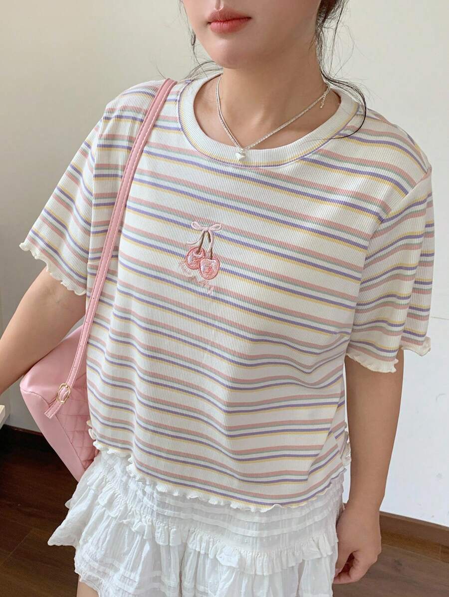 Dazy Plus Cherry Embroidery Striped Crew Neck Fitted Summer T-Shirt