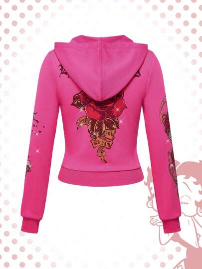 Betty Boop | ROMWE Sudadera con capucha con cierre de cremallera, ajuste delgado, estampado de corazón rosa y figura de dibujos animados para mujeres