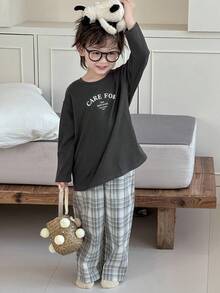 DAZY 男童字母印花长袖上衣和格子裤睡衣套装 - 深灰色 - 查看 3
