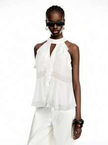 LYSMO 2025 New Arrival White Ruffle Chiffon Halter Top With Tie – Boho Summer Style