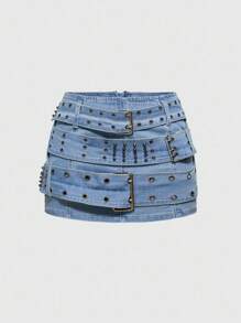 ROMWE Grunge Punk Y2K Vintage Punk Rock Metal Rivet Grommet Waist Belt Decor Plus Size Women Denim Mini Skirt - Blue - View 1