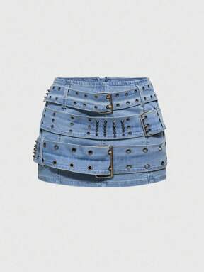 Grunge Punk Y2K Vintage Punk Metal Rivet Grommet Decorated Women's Denim Mini Skirt