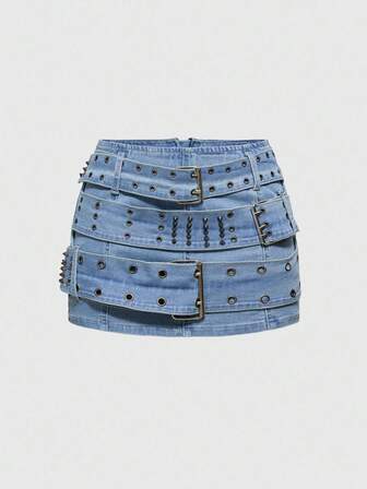 Grunge Punk Minigonna di jeans da donna in stile vintage punk con decorazioni in metallo a rivetto e occhiello