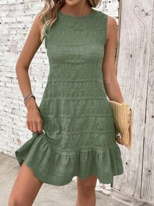 Breezaya 女士紋理後綁帶領口荷葉邊夏季休閒連衣裙 - 薄荷綠 - 查看 5