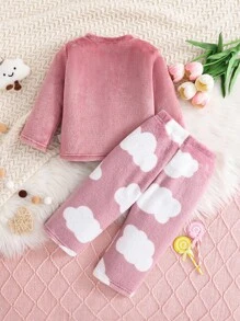 女婴云朵图案羊毛圆领上衣和印花羊毛裤两件套睡衣套装，秋冬 - 粉色 - 查看 2