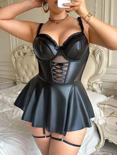 SHEIN Plus Size Sexy PU Leather & Mesh Ruffle Tie-Up A-Line Dress With Garter Belt 4pcs Set