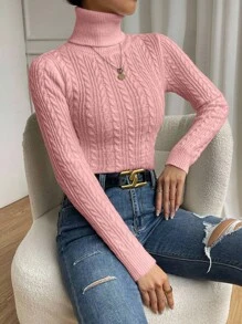 Almamuse كنزة صوفية نسائية كاجوال بلون أحادي من الكشمير المحبوك بياقة عالية، بلوزة محبوكة للخريف والشتاء - وردي - مشاهدة 3