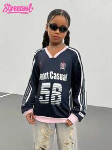 Tween Girl Navy Blue And White Number Print Sweatshirt,Autumn Casual School Back-To-School Long Sleeve T-Shirt,Vibrant Color Contrast Numeric Design - Royal Blue - View 3