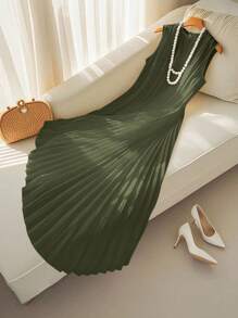 SHEIN Clasi 女士优雅百褶连衣裙，通勤、度假、约会的完美之选 - 橄欖綠 - 查看 2