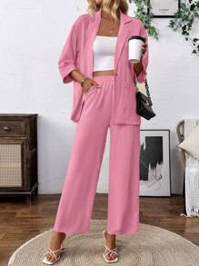 SHEIN Clasi Linen Blend Casual Solid Color Jacket & Pants Suit Set Casual Outfits Spring Clothes For University Fall Cloth For Women