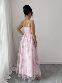 Elenzga Elegant Floral Rose Print Sleeveless A-Line Long Dress With Ruffle Trim, Romantic Spring/Summer Resort Chiffon Maxi Dress, Flattering Style - Pink - View 2