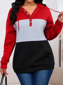 Women's New Contrast Color Patchwork Hooded Single-Breasted Drawstring Pullover Casual Sports Fitted Curve-Flattering Long Sleeve Half-Zip Sweatshirt With Pockets, Fleece Lined - Multicolor - View 6