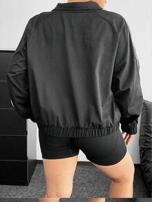 POPSWAY 加大码宽松撞色条纹休闲夹克 - 黑色 - 查看 2