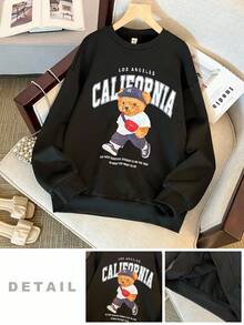 Teen Girls' Black Bear & Letter Graphic Loose Fit Crew Neck Sweatshirt Pullover - Black - View 3