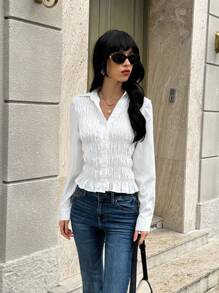 SHEIN Unity Camisa de mujer de unicolor con volantes en el bajo y botones al frente, para uso diario - Blanco - Ver 2