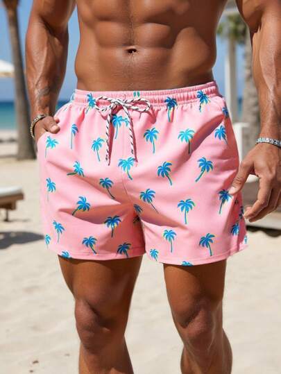Manfinity Swimmode Shorts de praia masculinos com estampa de plantas e bolso com cordão na cintura, adequados para o verão