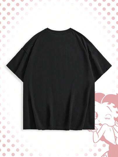 Betty Boop | ROMWE Camiseta de manga corta de cuello redondo con estampado de dibujos animados, de talla grande y estilo casual de verano