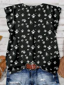 EMERY ROSE Ropa de mujer talla grande Estilo casual diario y vacacional Blusa suelta con escote en V, mangas cortas y estampado floral en blanco y negro para el verano