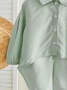 SHEIN Babygirl 休闲街头风不对称条纹长袖衬衫，亲子装 - 綠色 - 查看 3