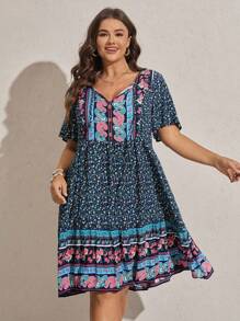 Comfylo Đầm dự tiệc tay ngắn họa tiết hoa hạt điều cỡ lớn cho nữ phong cách Bohemian - Nhiều màu - Xem 4