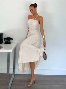 Siren Gaze Women's Floral Embroidery Asymmetric Ruffle Hem Dress Summer Elegant Evening Dress - Apricot - View 4