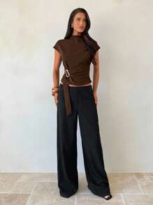 Aloruh Women's Stand Collar Coffee Color Metal Button Decor Office Shirt